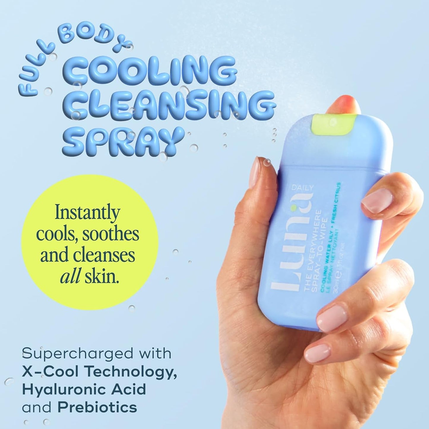 Luna Daily The Everywhere Spray-To-Wipe | Cooling Body Mist & Hydrating pH-Balanced Feminine Care | Anti-Chafing & Odor Control | Travel Essential for Women, Gym & Daily Care, 30ml