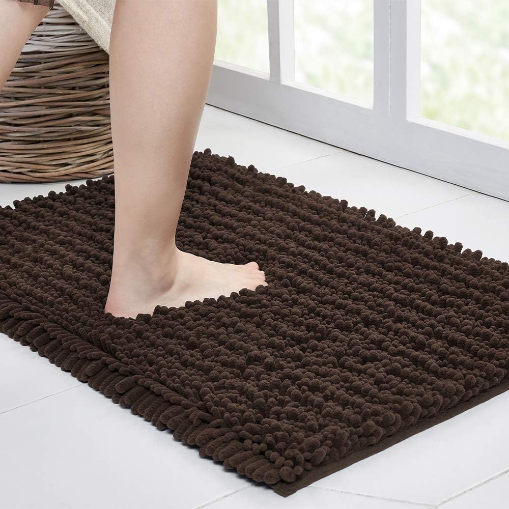 Walensee Bathroom Rug Non Slip Bath Mat (32x20 Inch Brown) Water Absorbent Super Soft Shaggy Chenille Machine Washable Dry Extra Thick Perfect Absorbant Best Large Plush Carpet for Shower Floor