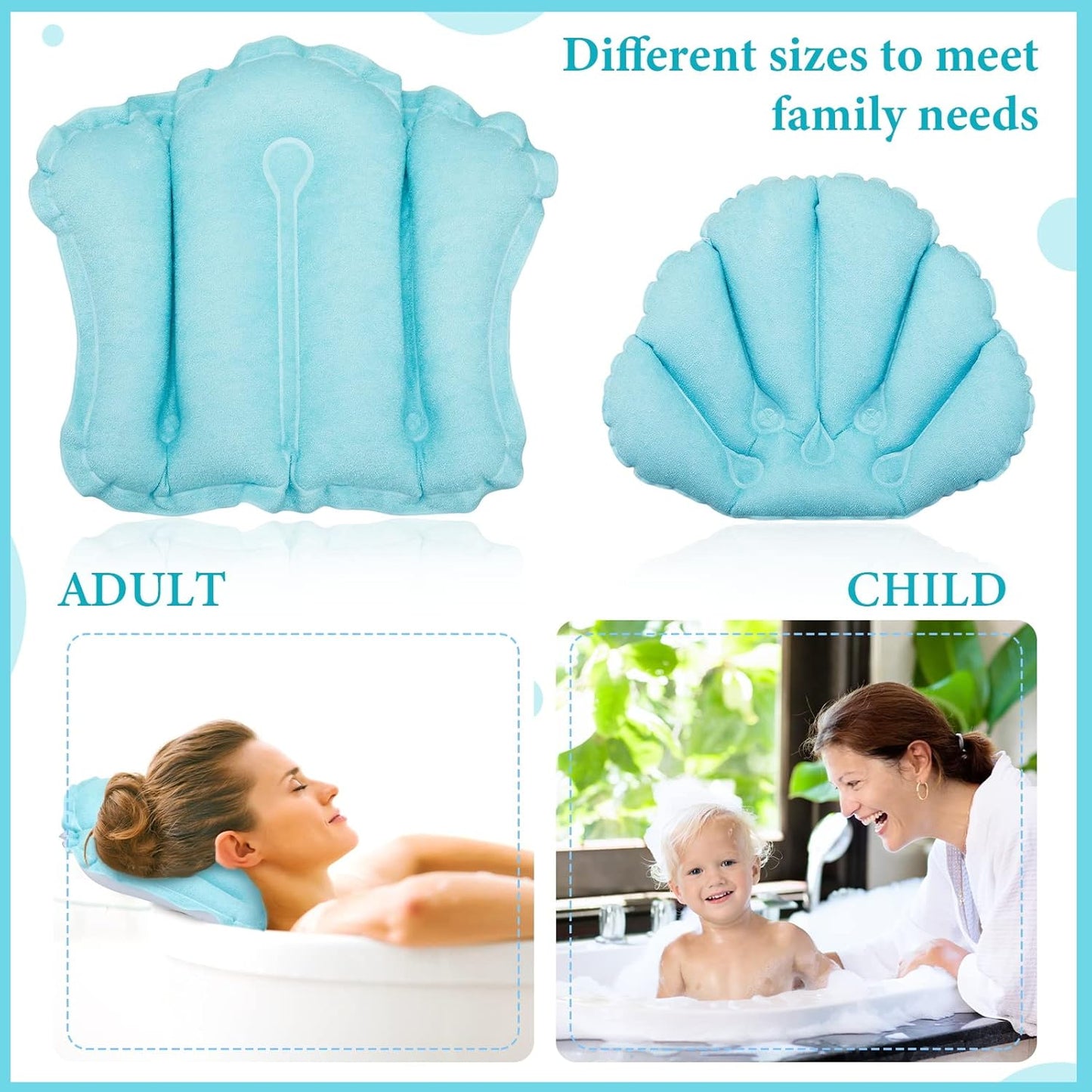 Jetec 2 Pcs Inflatable Bath Pillow with Suction Cup Bathtub Spa Pillow Neck Support Supplies Shell-Shaped Soft Inflatable Cushion Large Small Size Fits All Tub Pool Bath and Bathroom(Blue)