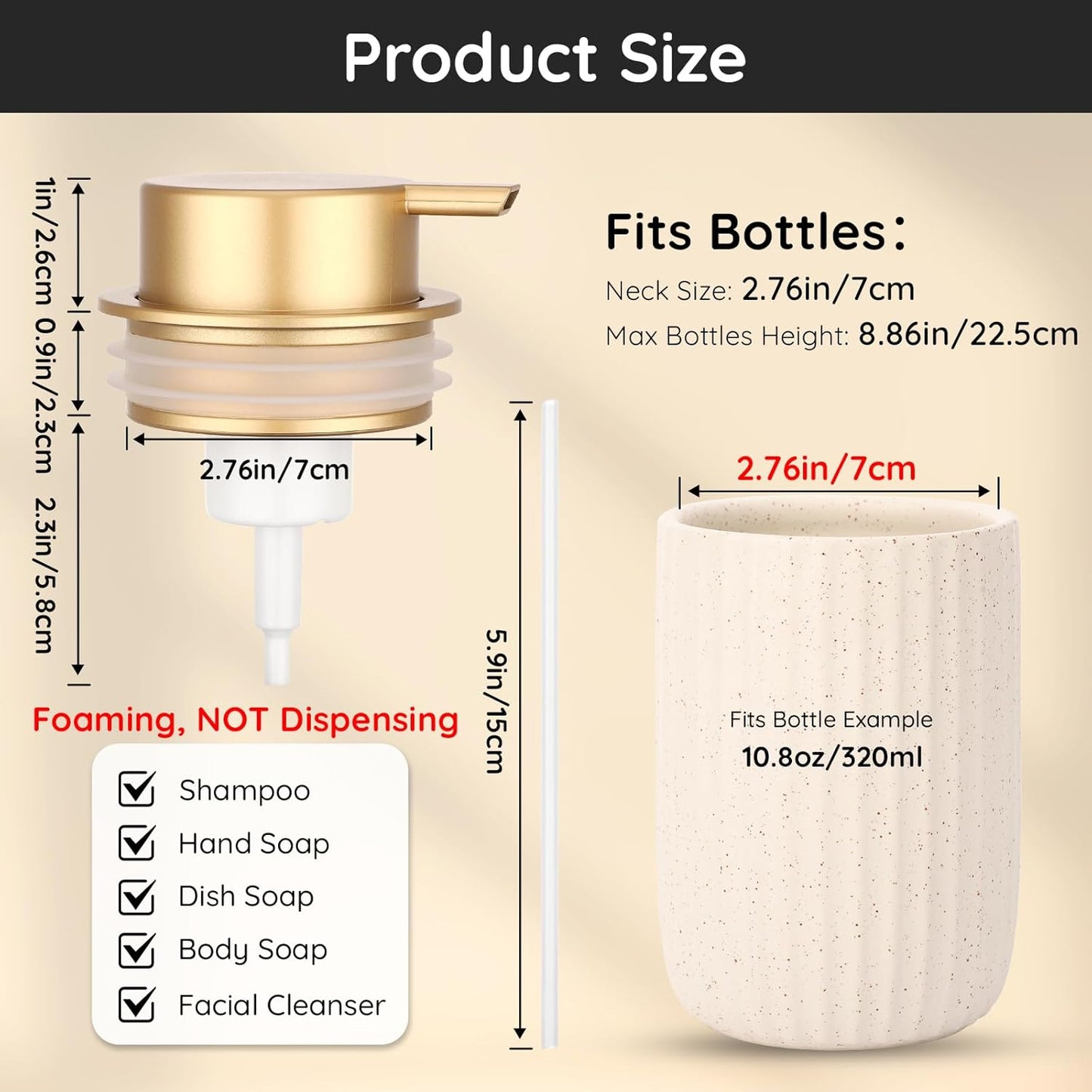 Segbeauty 2pcs Gold Foam Soap Dispenser Pump Head Lid, Foaming Hand Soap Dispenser Pump Replacement for Bathroom Ceramic Shampoo Bottle, Pumps for Kitchen Dish Wash Bottles, Hand Wash Lid Replacement