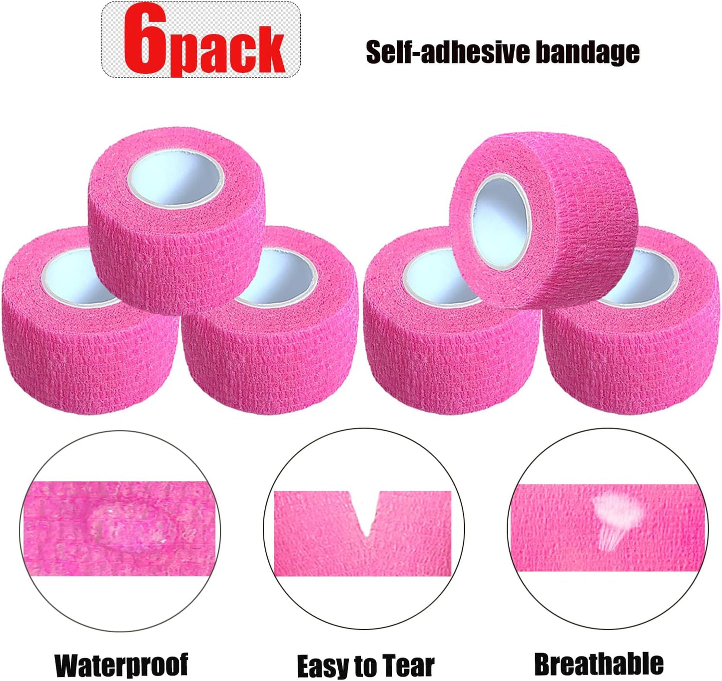 Hysiwen 6 Pack 1" x 5 Yards Self Adhesive Bandage Breathable Cohesive Wrap Self Adherent Vet Tape Self Stick Bandage Wrap for Sports, Athletic, Wrist, Ankle(Pink)