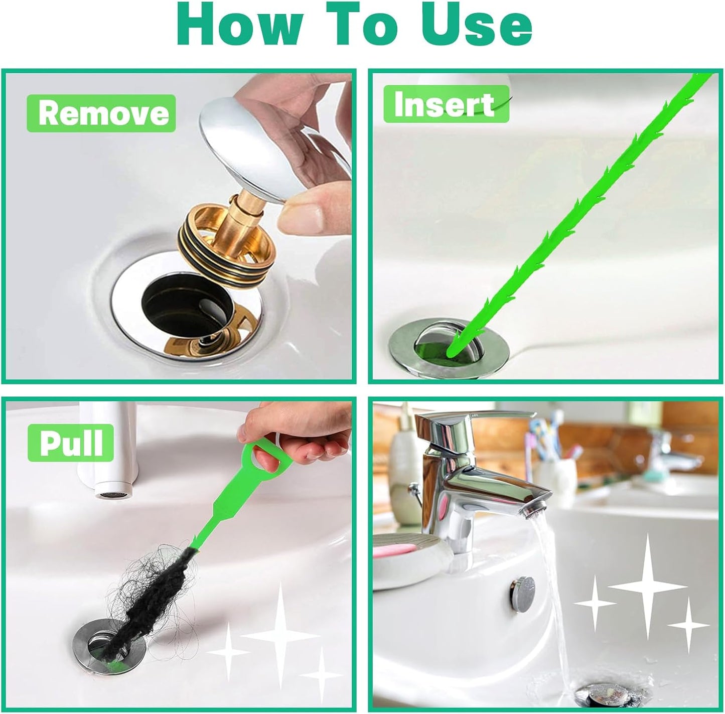 Drain Snake Hair Drain Clog Remover - 3 Pack Shower Snake Sink Unclogger Tool with Exquisite Packaging (Green)