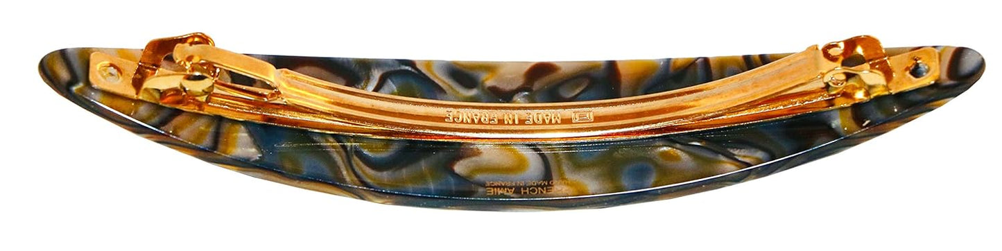 French Amie Long Oval Silver Onyx Grey 4.5" Handmade Celluloid Hair Clip Barrette with Golden Clasp for Women