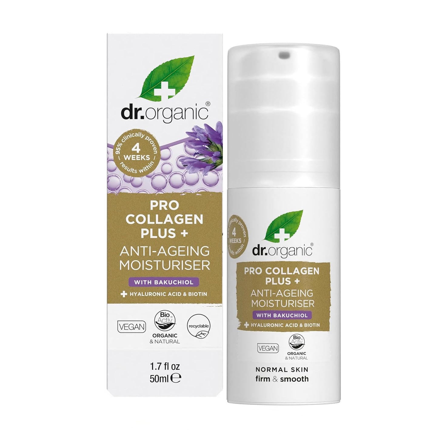 Dr. Organic Pro Collagen Plus + Anti-Ageing Moisturiser with Bakuchiol | Firm & Smooth Skin, Reduces Wrinkles, (Normal Skin) Natural, Certified Organic, Paraben & SLS-Free, 50 mL / 1.7 fl oz