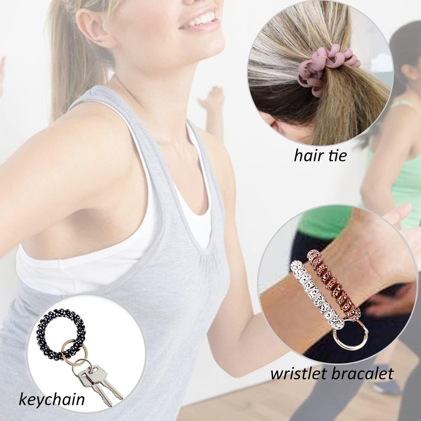 BIHRTC Pack of 6 Stretchy Keychain Plastic Coil Stretch Wristband Bracelet Wrist Coil Key Ring Wrist Coil Wrist Keychain Colorful Stretch Key Chain for Gym Pool ID Badge Sauna