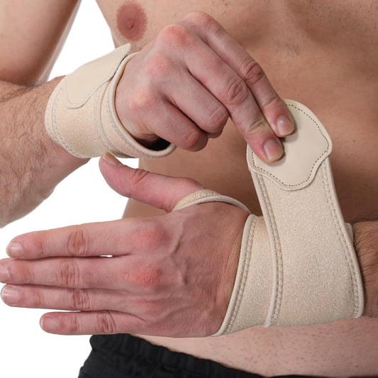 NeoTech Care Wrist Band - Elastic & Breathable Fabric - Adjustable Compression Strap - Men, Women, Right or Left - Support Wrap for Protection or Sports (Beige Color, Size M, 1 Pair)
