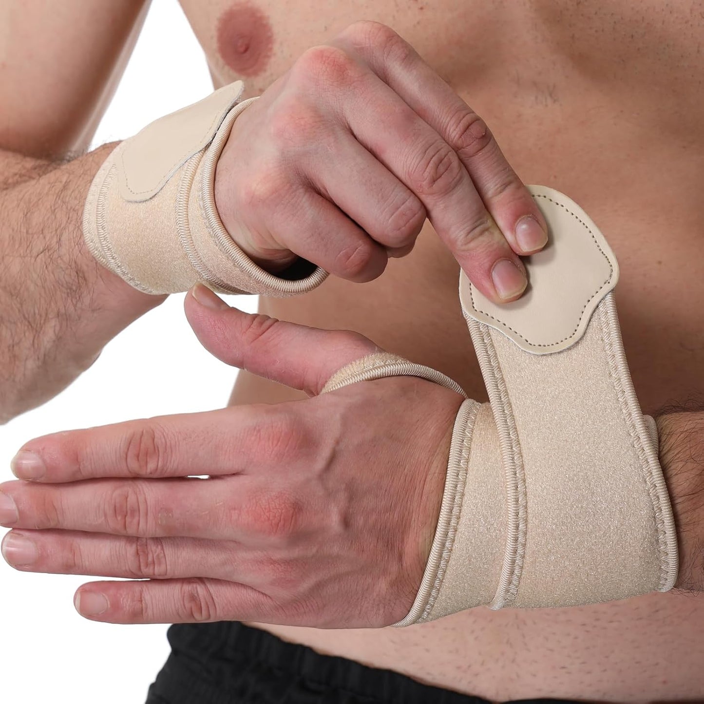 NeoTech Care Wrist Band - Elastic & Breathable Fabric - Adjustable Compression Strap - Men, Women, Right or Left - Support Wrap for Protection or Sports (Beige Color, Size S, 1 Pair)