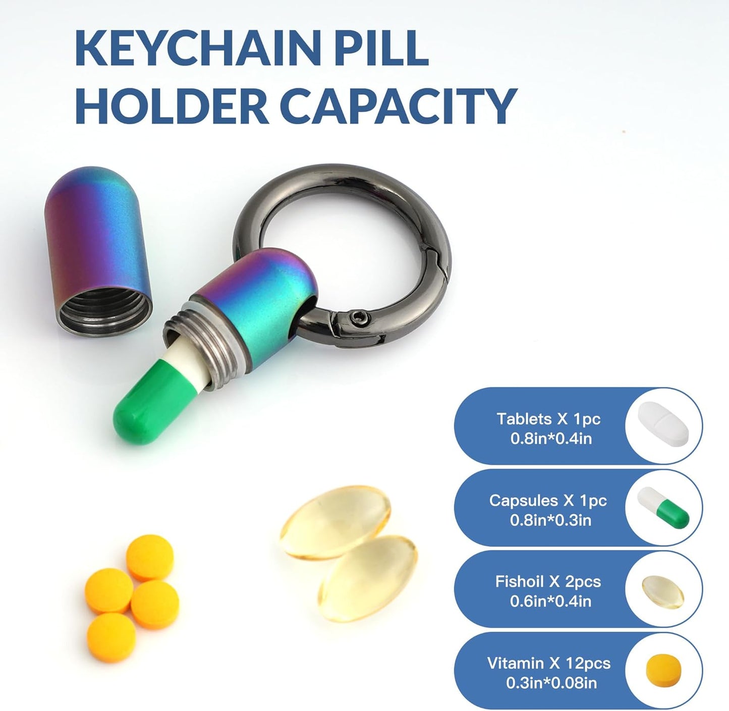 TISKY Small Keychain Pill Holder Titanium,Waterproof Tiny Pill Container with Keyring,Mini Portable Pill Case for Travel,Pill Organizer for Purse Pocket(Multicolor)