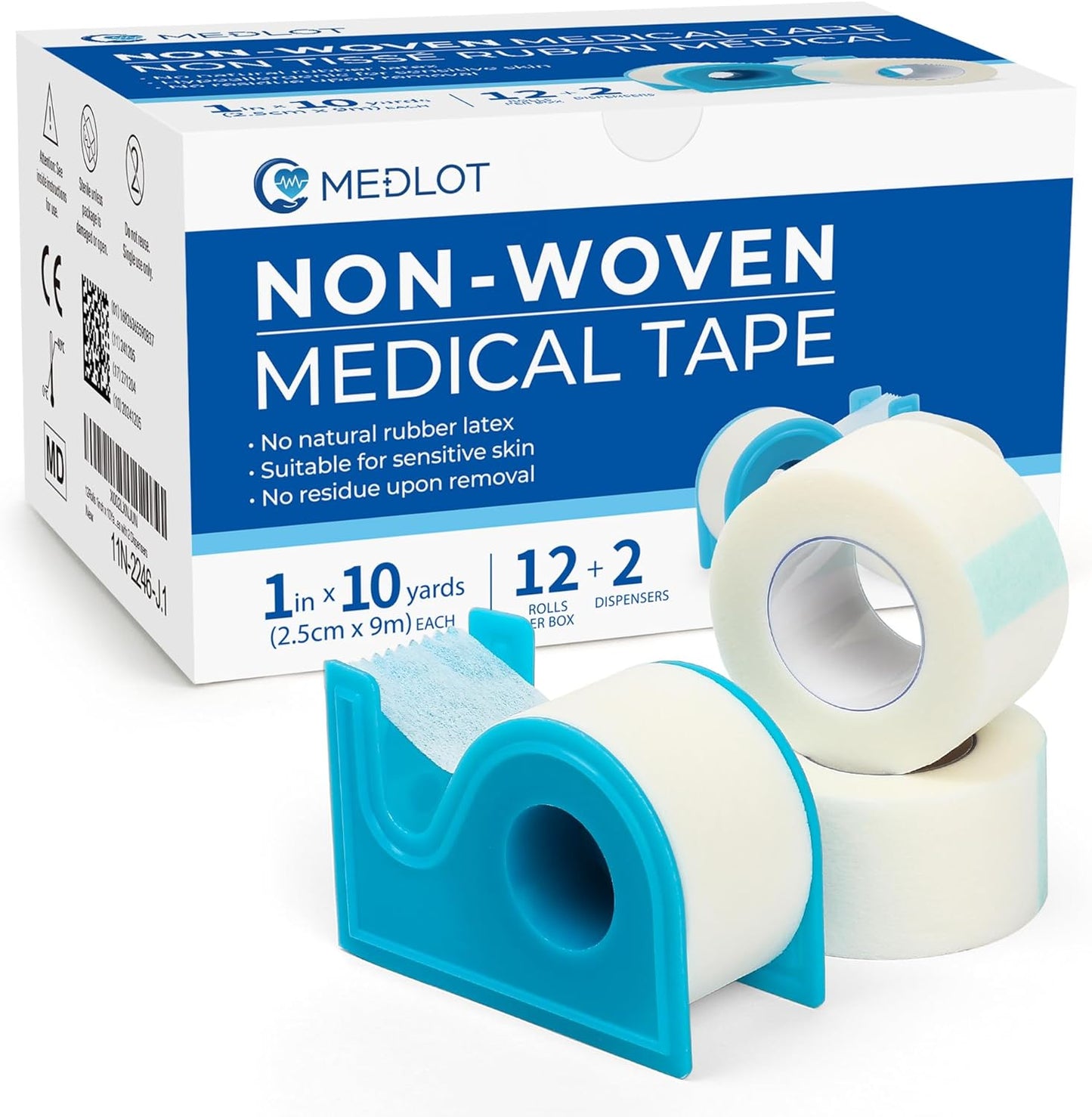 LotFancy Medical Tape,12Rolls 1inch x 10Yards, Surgical Paper Tapes, Wound First Aid Tape, 2 Dispensers Included