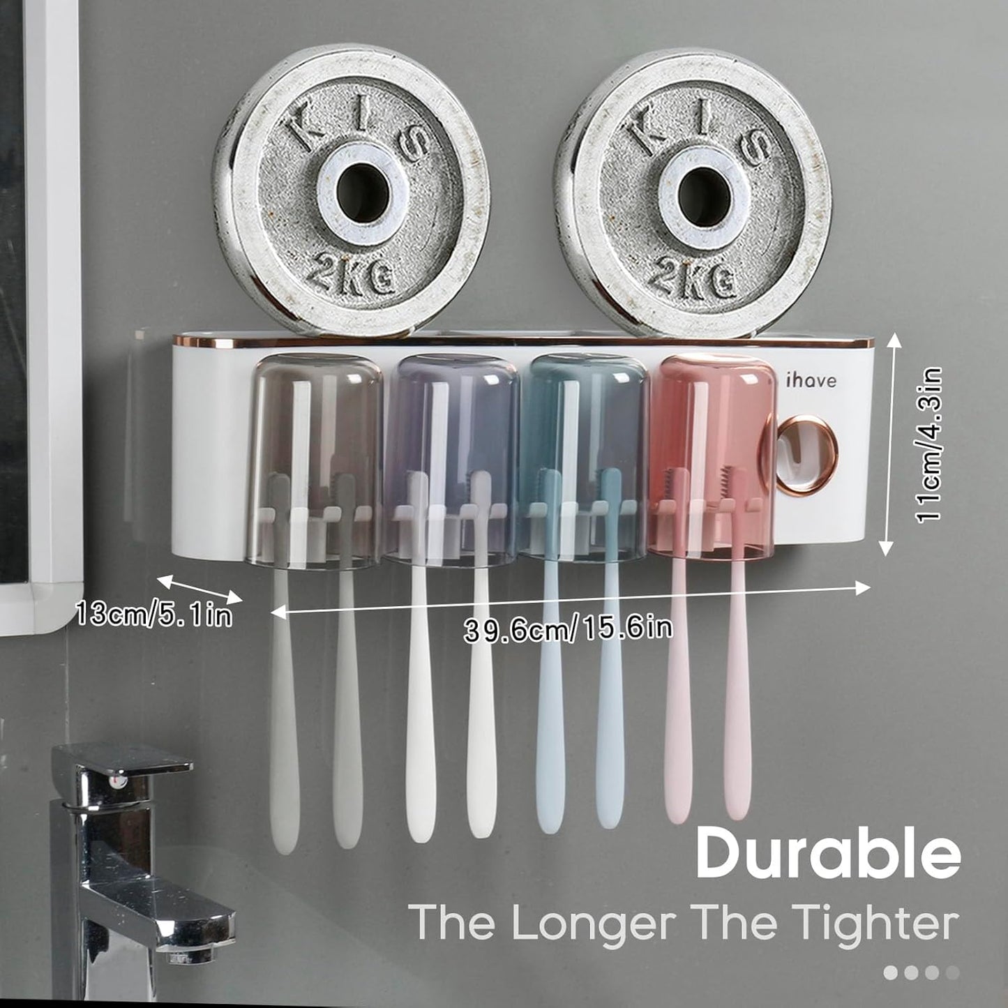 iHave Toothbrush Holders Bathroom Accessories with Toothpaste Dispenser, 4 Cups Toothbrush Holder Wall Mounted Bathroom Decor