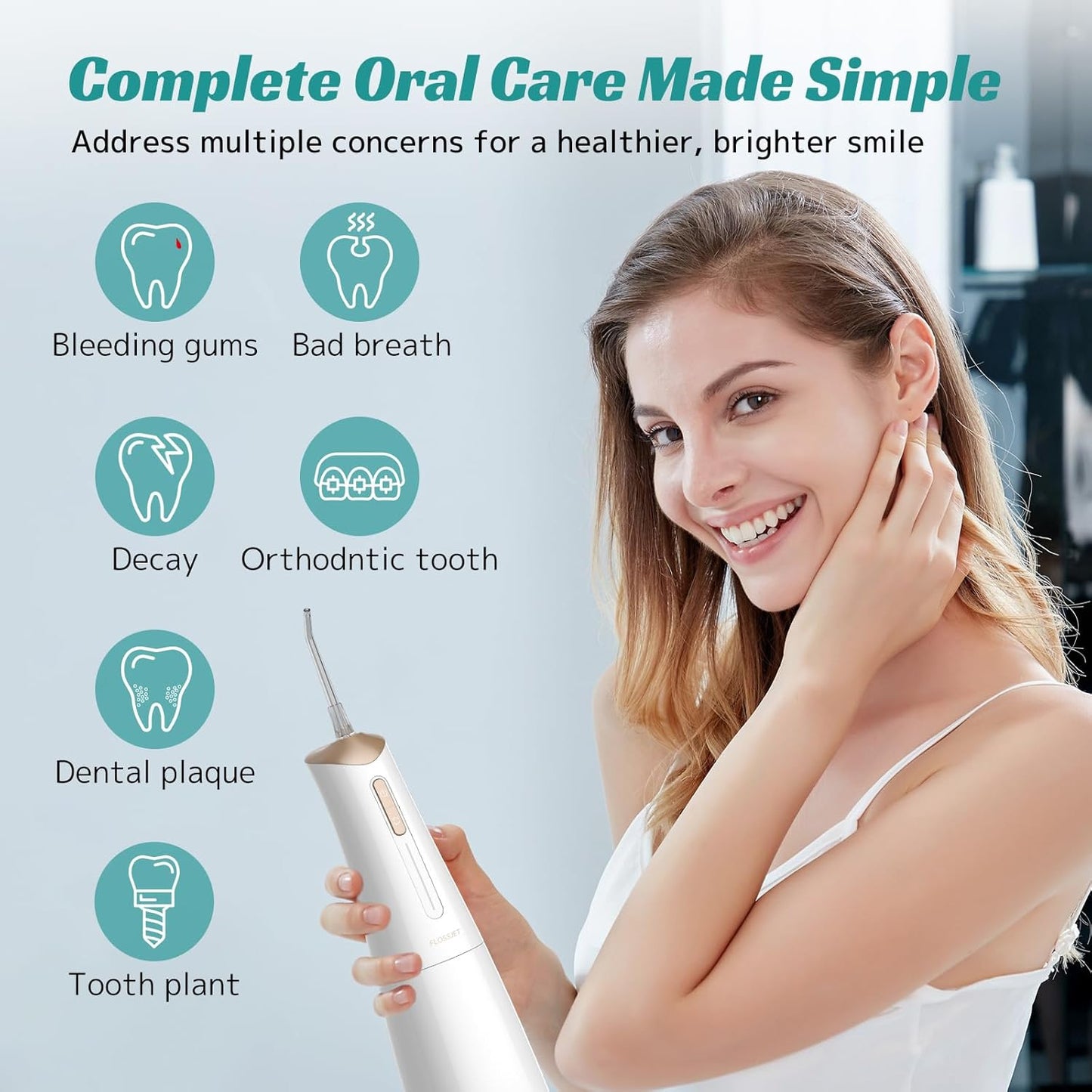 Water Dental Flosser Cordless Oral Irrigator with 300ml 5 Tips 4 Modes USBCharger Portable Travle Irrigation Cleaner IPX7 Electric Irrigador Dental for Teeth Cleaning (White)