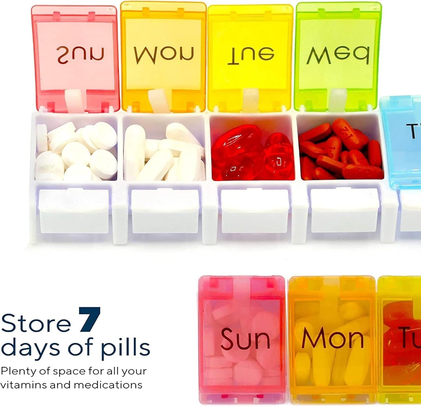 PERFORMORE 2 Pack of Portable Weekly 7-Day Pill Organizer, Travel Medicine Box, Rainbow Color, BPA Free with Easy Push Button Design Case Holder for Pills, Vitamin, Supplements and Medicine