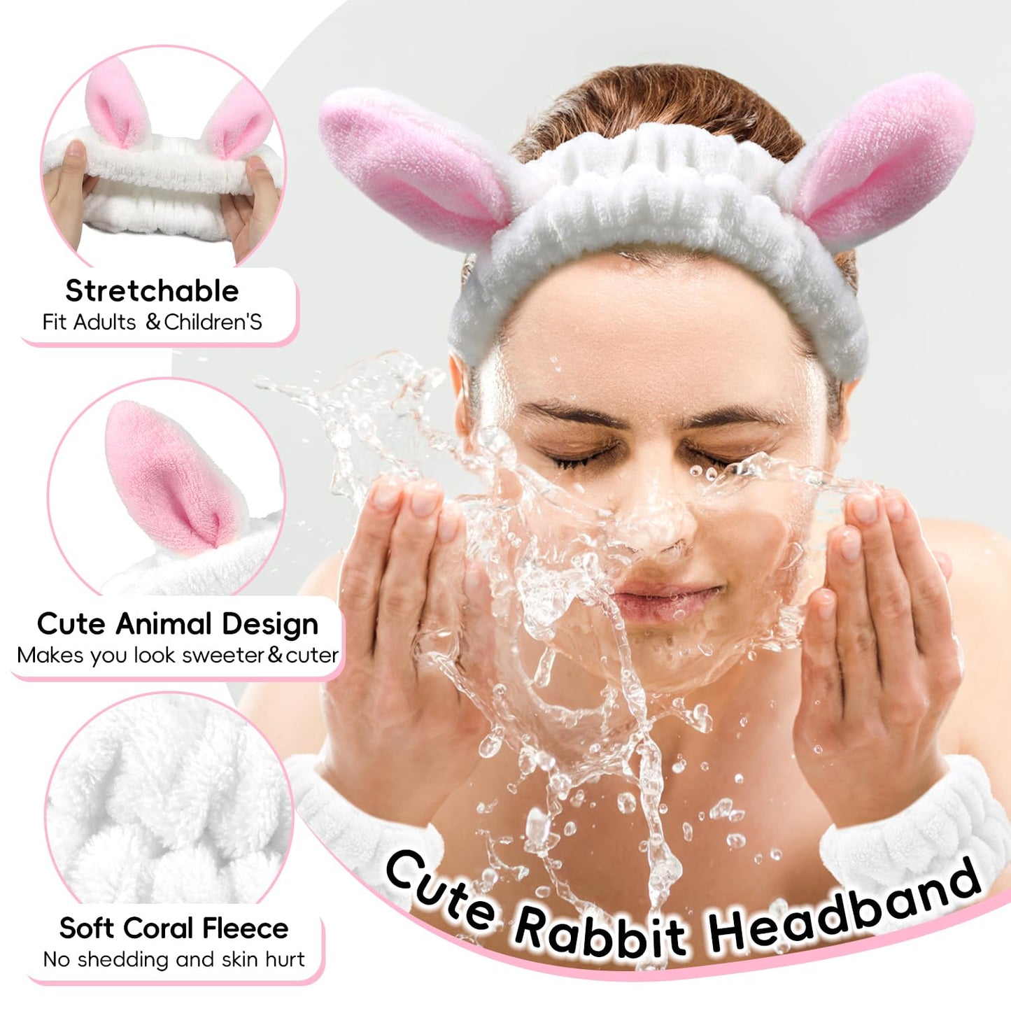 Face Wash Headband, Skincare Wrist Bands For Washing Face Set Spa Hair Bands come with a Hair Scrunchie, Cute White Rabbit Ears Elastic Headband, For Face Washing Makeup Skincare (White)