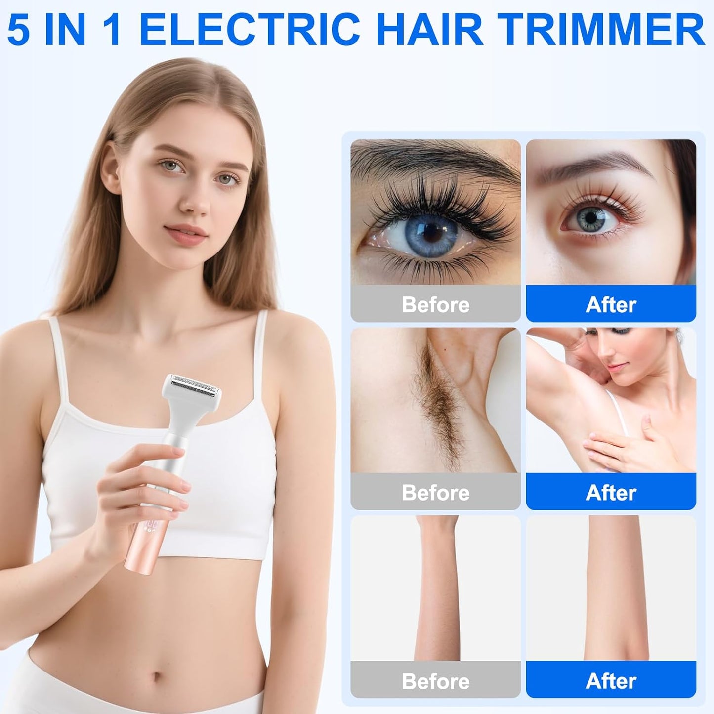5-in-1 Bikini Trimmer for Women, IPX7 Waterproof Rechargeable Electric Razors Shaver, Cordless Body Hair Trimmer with LED Display for Nose Eyebrows Beard Underarm Leg Arm, Easy Cleaning Grooming Kit