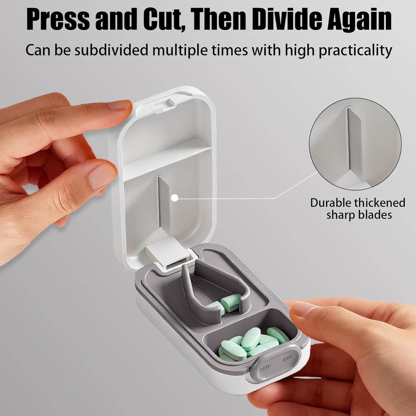 Pill Cutter Splitter for Small or Large Pills with Safety Lock - Accurate and Easy Travel-Friendly Design for Daily Use (White)