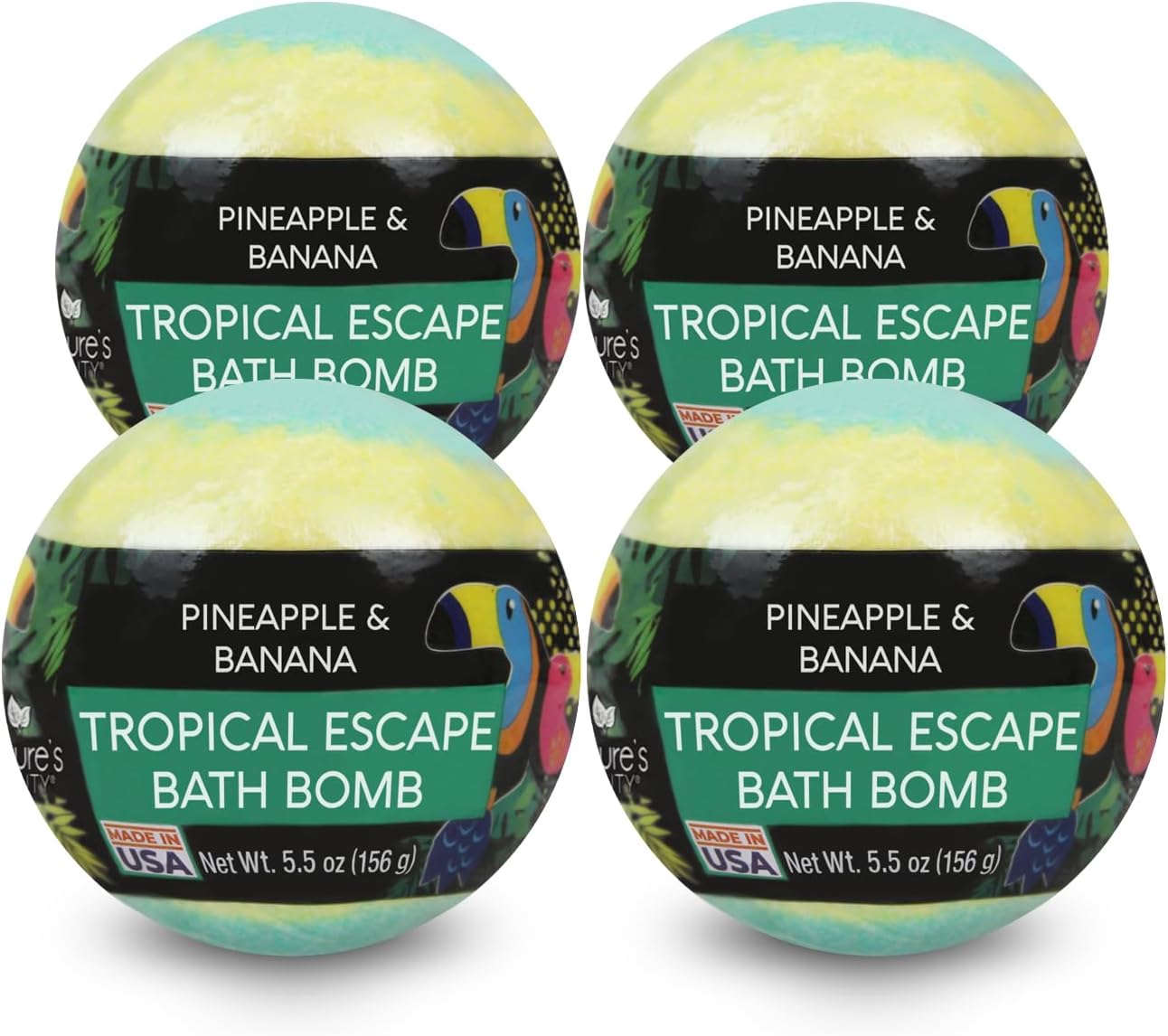 Nature's Beauty Tropical Escape, Pineapple & Coconut Scent Bath Bomb Multi-Pack - Natural Hand Crafted, Luxury Spa Bomb, Nourish Dry Skin, Made w/Coconut Oil + Witch Hazel, 5.5 oz (4 Pack)