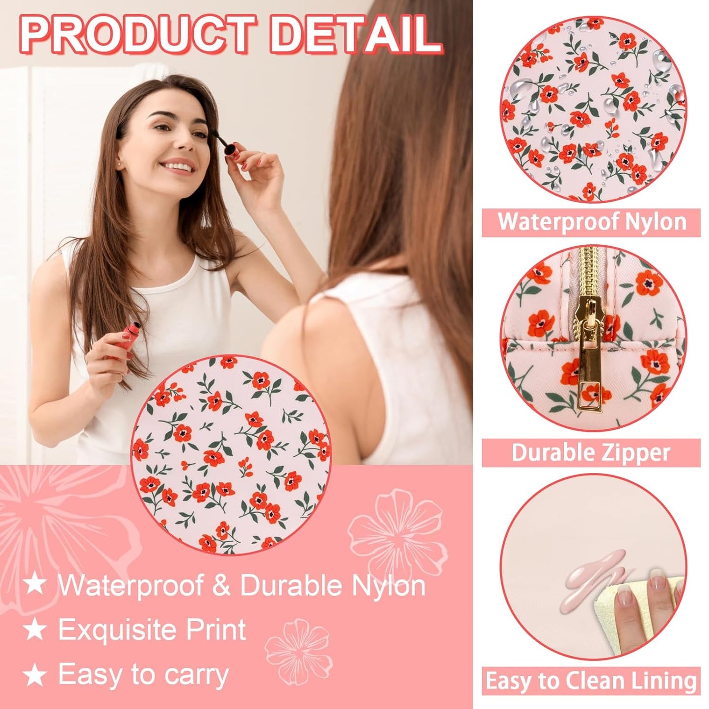 Waterproof Small Floral Pencil Case Makeup Bag for Purse,Cute Flower Pencil Pouch Preppy Nylon Makeup Brush Holder with Zipper,Girls Portable Storage Case Small Pen Bag for Work(Slim Pink-Flowers)