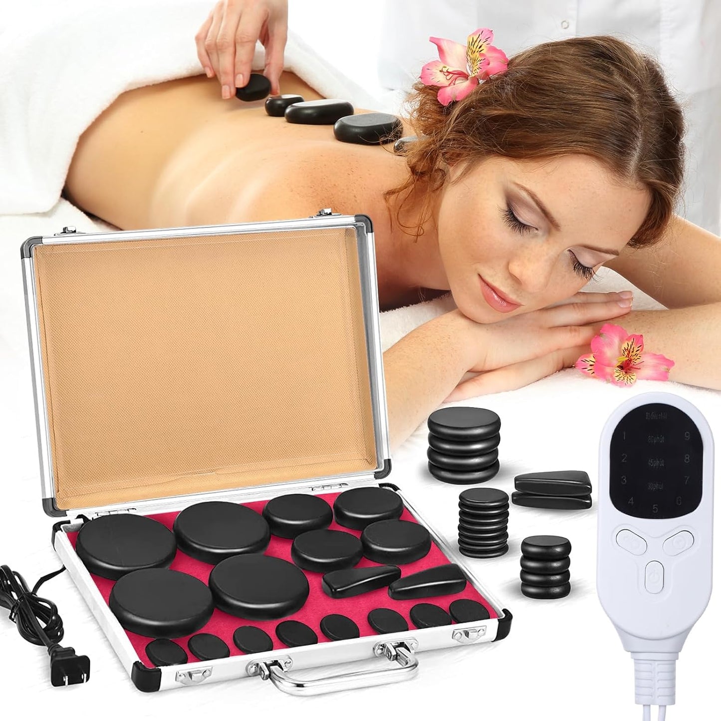 Hot Stones Massage Set 18 Pieces Basalt Hot Rocks Massage Rocks Kit Black Smooth Stones for Professional Home Spa Warming Relaxing Pain Relief(Adjustable Temperature)