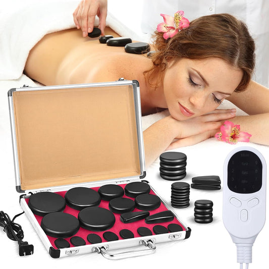 Hot Stones Massage Set 18 Pieces Basalt Hot Rocks Massage Rocks Kit Black Smooth Stones for Professional Home Spa Warming Relaxing Pain Relief(Adjustable Temperature)