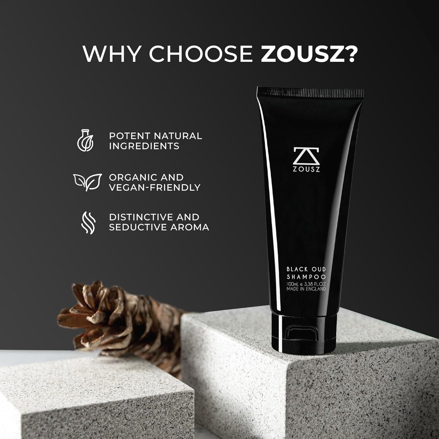 ZOUSZ Black Oud Men's Shampoo, Hair & Beard Cleaner and Strengthener, Vegan & Hypoallergenic Shampoo , 3.38 Fl Oz Hair Shampoo & Beard Wash Kit Essential