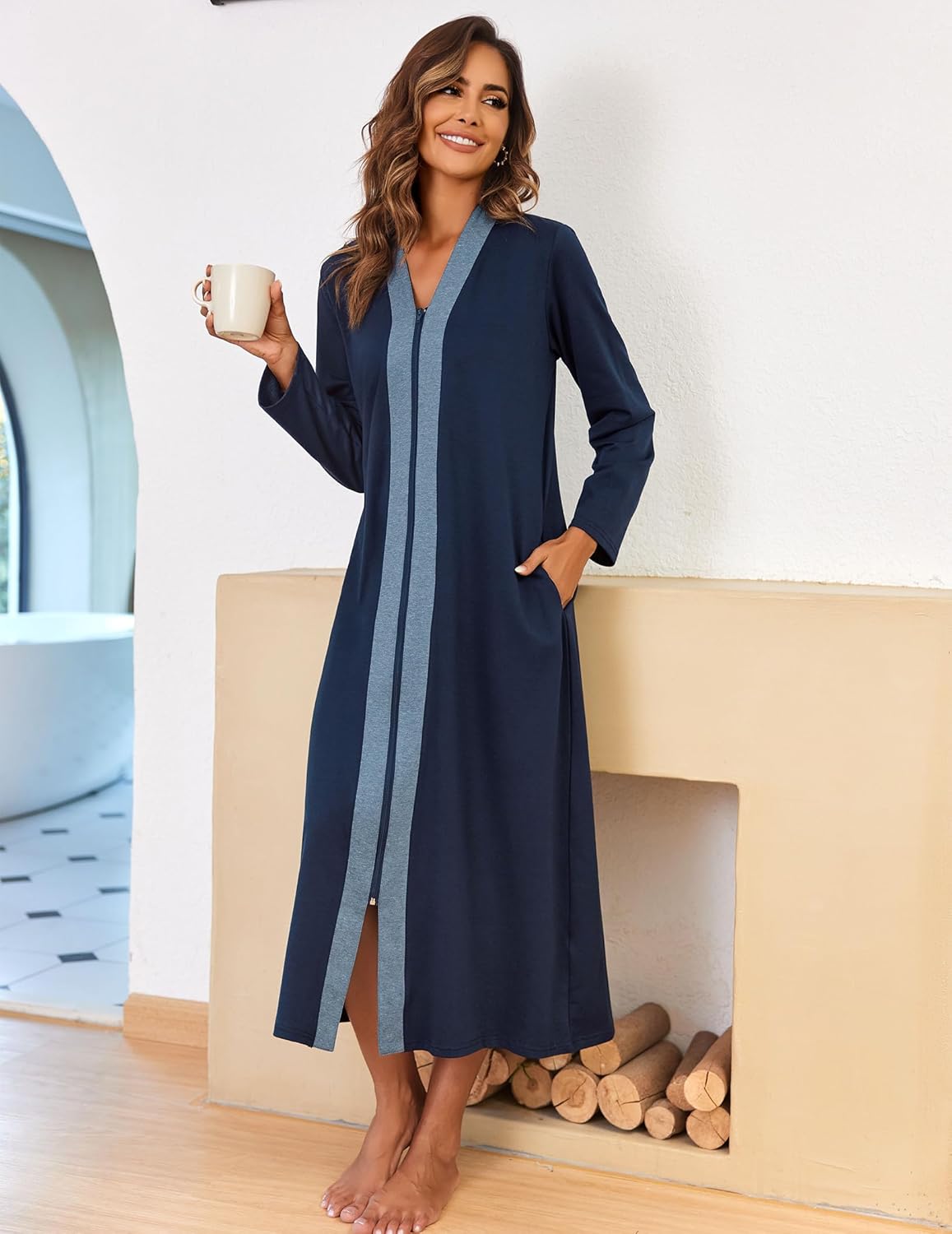 Ekouaer Women Zipper Robe Long Sleeve Loungewear Lightweight Housecoat Full Length Nightgown with Pockets