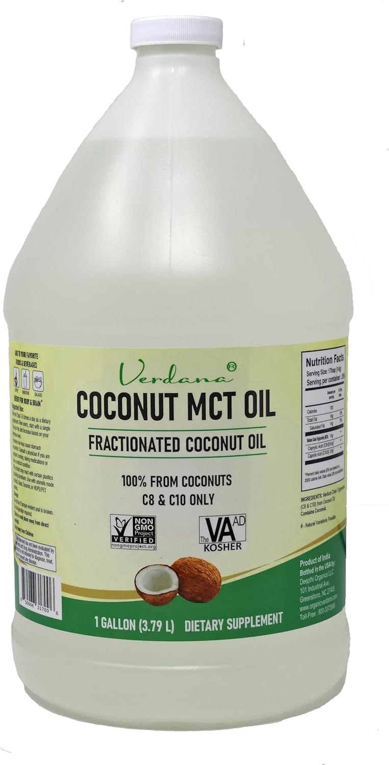 Verdana MCT Oil – 100% Coconut Derived – 1 Gallon - Kosher Food Grade – Vegan – NON GMO– Used for Keto, Paleo, Sports Nutrition, Aromatherapy, Massage, Ayurvedic Oil Pulling Oral Rinse Mouthwash