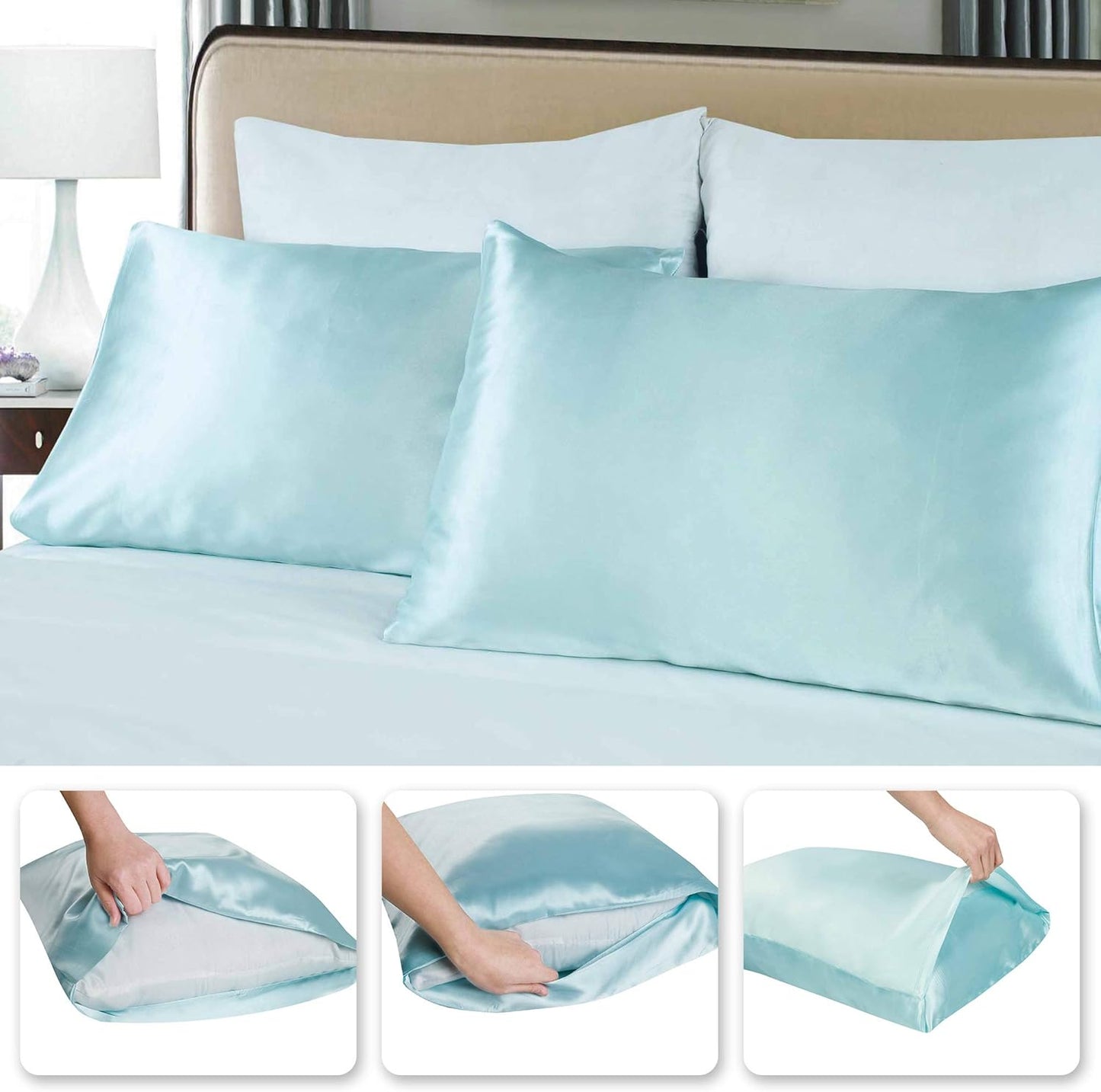 Tyfitb Satin Pillowcase for Hair and Skin, Baby Blue Pillowcases Set of 2, Cooling Pillow Cases Queen Size(20×30 Inches), Soft Luxury Satin Pillowcase with Envelope Closure