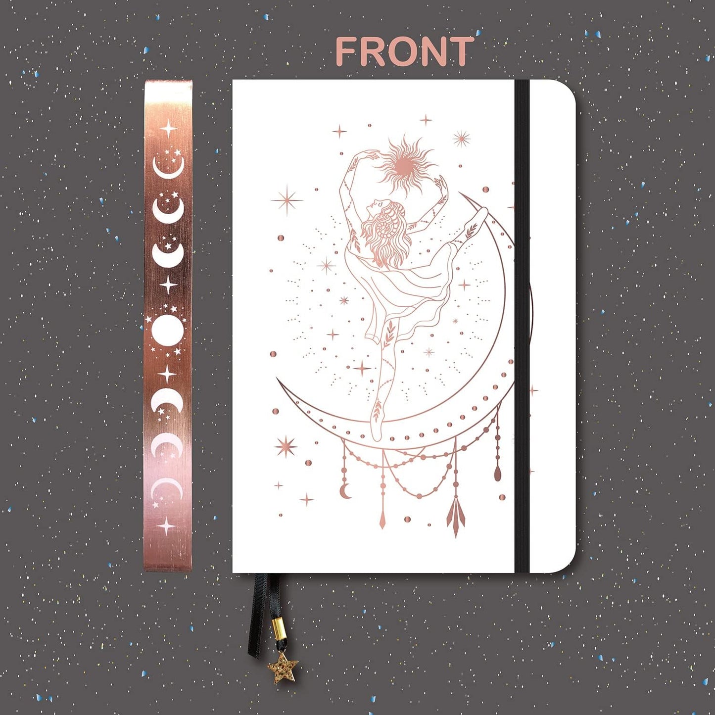 BUKE Medium A5 Hardcover Notebook Dotted Journal - 180Gsm Thick Bamboo Paper - 160 Dot Grid Pages 5x5 MM - White Color Faux PU Leather Cover - Rose Gold Edge And Moons (A5, White)