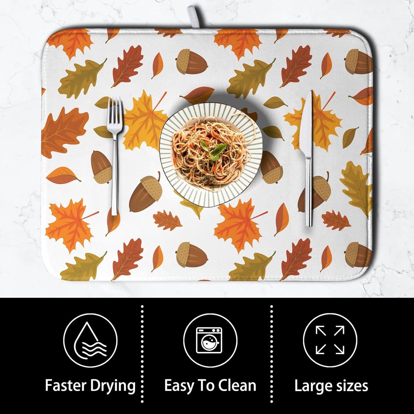 Fall Leaves Dish Drainer Mat - Absorbent Drying Mat for Counter - 18x24 Inch, Orange Maple Leaf Pattern