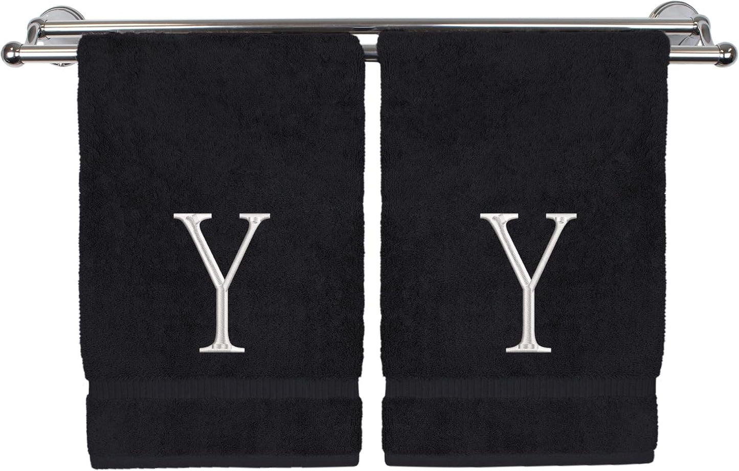 Monogrammed Hand Towel, Personalized Initial Gift, Extra Absorbent 100% Turkish Cotton - Soft Terry Finish - Set of 2 - White Block Initial Y - Embroidered on Black Towels