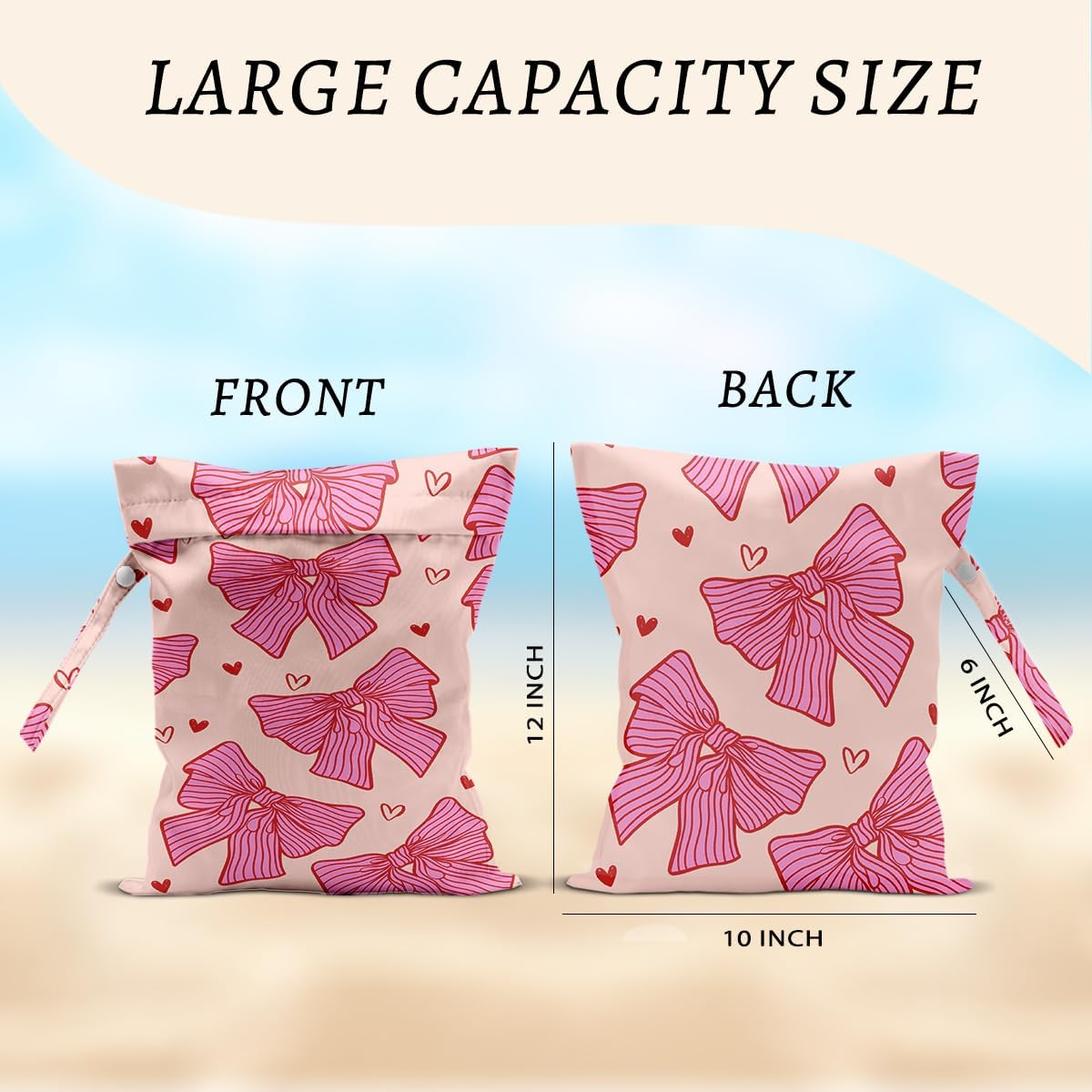 2Pcs Pink Bow Wet Bags 12x10 Inch, Heart Waterproof Travel Laundry Bags, Washable Reusable Wet Dry Bag for Swimsuit Pool Beach Diapers Dirty Yoga Gym Clothes, Pink Gifts for Women Friend Travelers