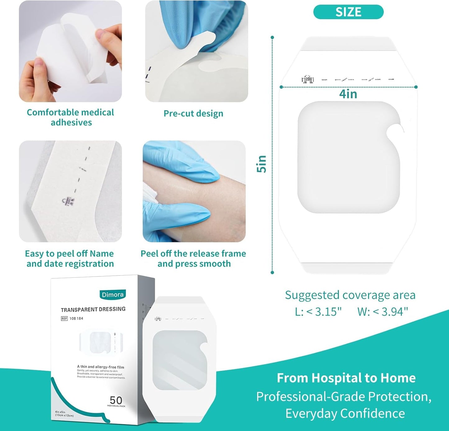 Dimora Transparent Film Dressing 50 Packs, Waterproof Adhesive Clear Bandages 4 in x 5 in, Wound Cover for IV Shield, Tattoo Aftercare Bandage,Clear Bandage Tape for Wound Care