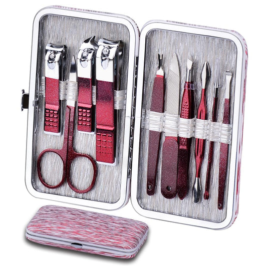 Manicure Set 10 in 1 Stainless Steel, Nail Clippers Scissors Pedicure Tools Kit - Portable Travel Grooming Kit for Men and Women with Leather Case (Rose Red)