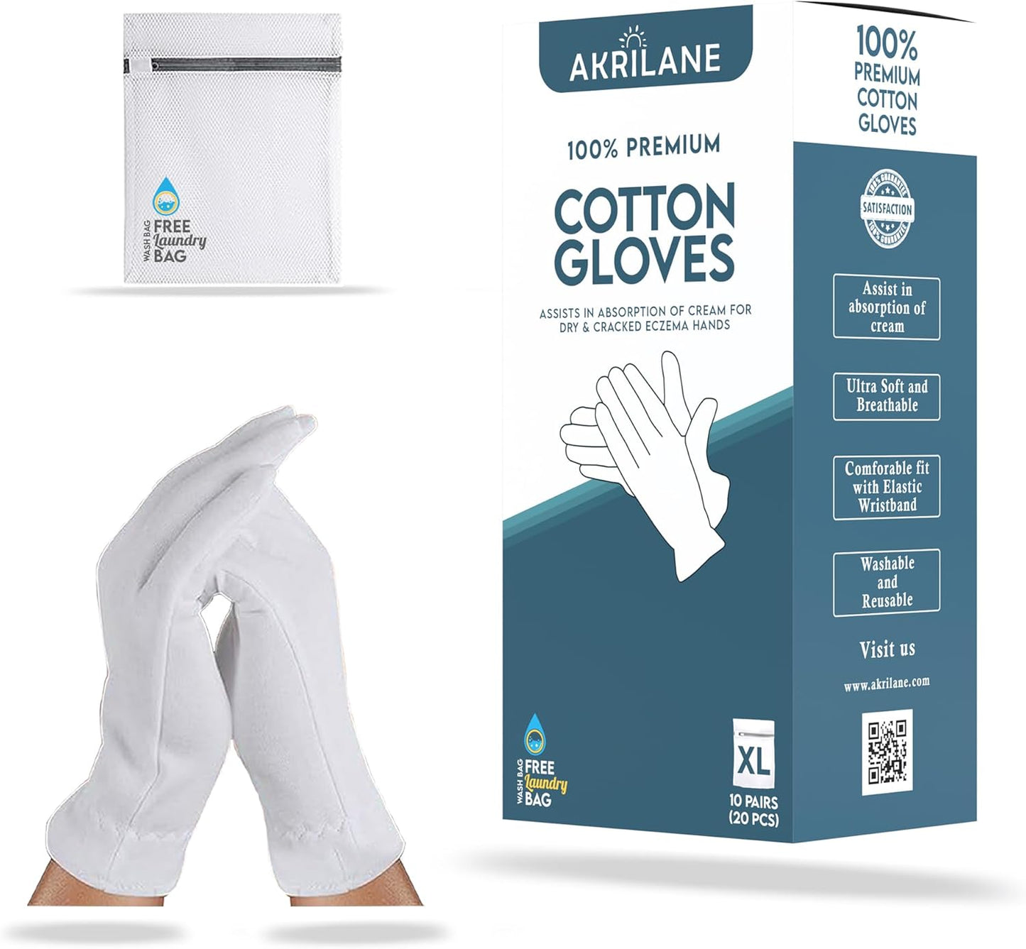 AKRILANE Extra Large 10 Pairs Cotton Moisturizing Gloves for Dry Hands | Eczema, Psoriasis & Skin Spa Treatment for Women & Men | Washable & Reusable with Free Laundry Bag
