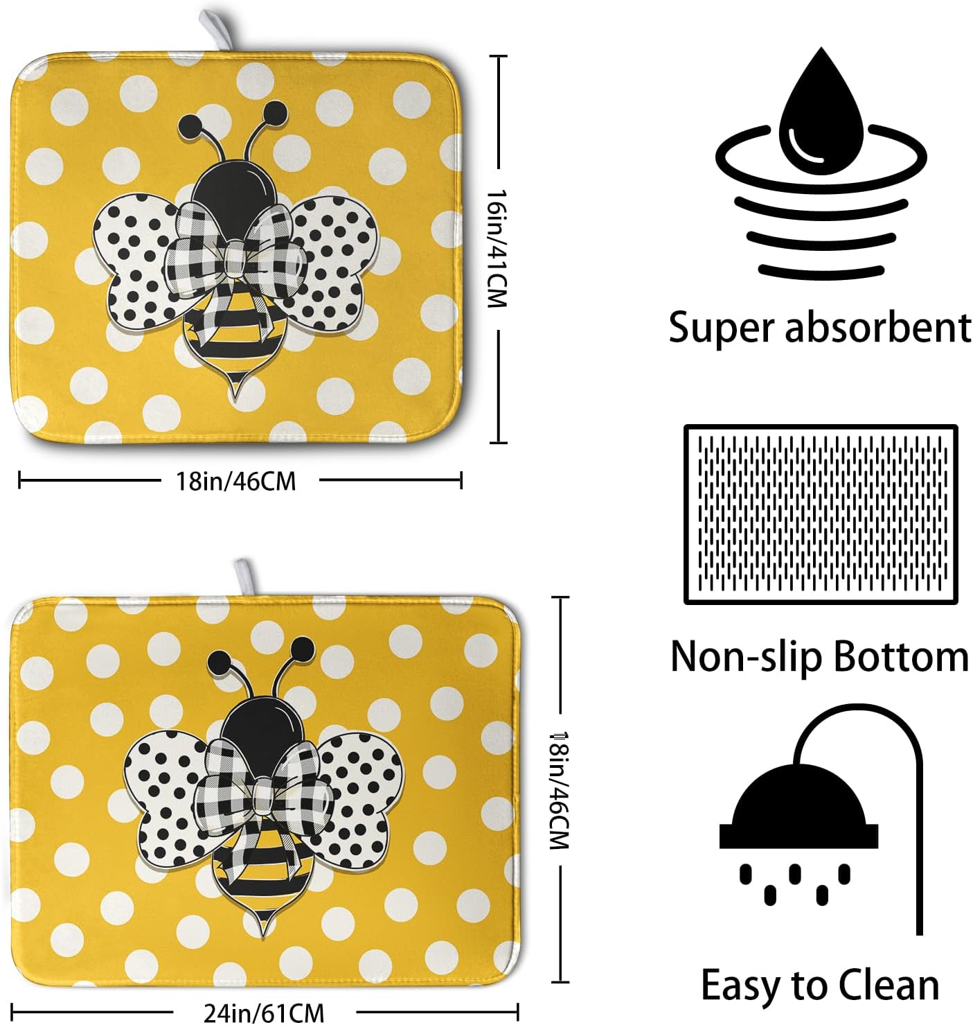 Bee Dish Drying Mat for Kitchen Counter 18x24 Inch Yellow Bumblebee Polka Dots Dishes Pad Cute Honey Bees Dish Draining Microfiber Absorbent Dish Drainer Rack Mat Large Kitchen Accessories