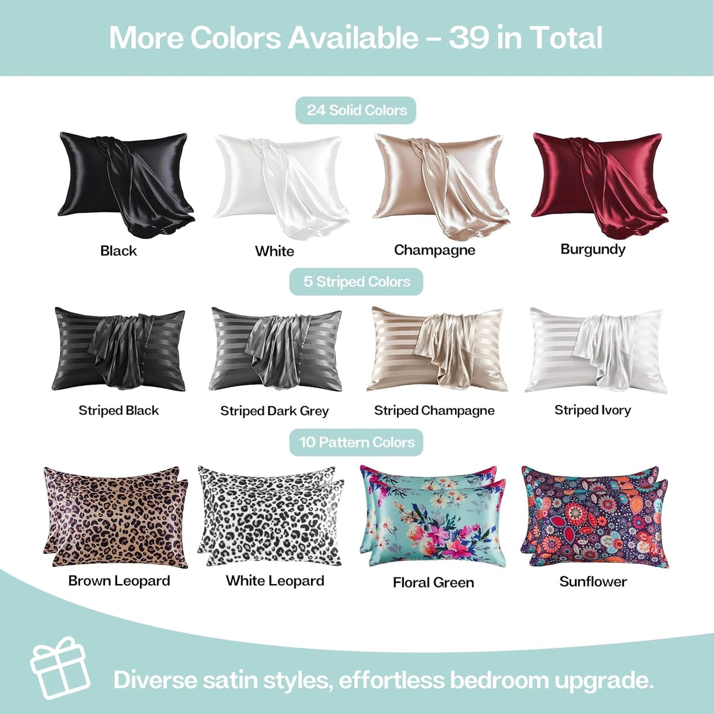 MR&HM Satin Pillowcase for Hair and Skin, Silk Satin Pillowcase 2 Pack, Standard Size Pillow Cases Set of 2, Silky Pillow Cover with Envelope Closure (20x26, Turquoise)