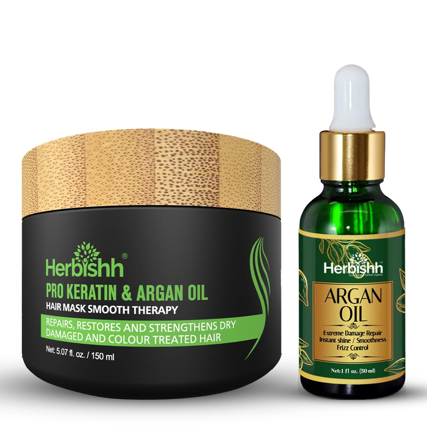Herbishh Argan Oil & Hair Mask Combo For Deep Conditioning Treatment – Argan Oil for Hair Repair & Frizz Control (30ml) & Argan Hair Mask for Hydration (150ml), Sulfate & Paraben Free