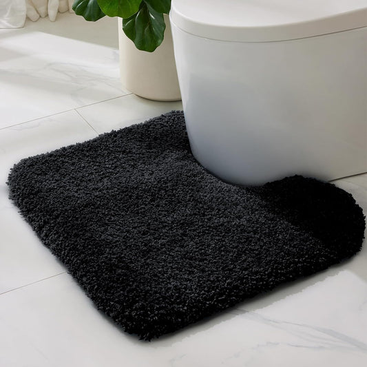 ILANGO Black Toilet Rugs U Shaped 22" × 24" Non Slip & Super Absorbent Extra Thick Soft, Washable Bath Mats for Bathroom Floor, Microfiber Plush Shaggy Contour Bath Rugs for Toilet,Dry Quick