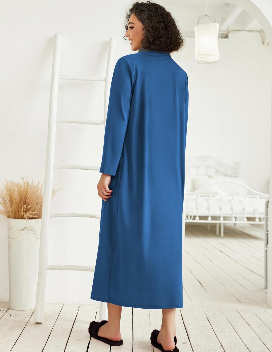 Ekouaer Women Zipper Robe Long Sleeve Loungewear Lightweight Housecoat Full Length Nightgown with Pockets
