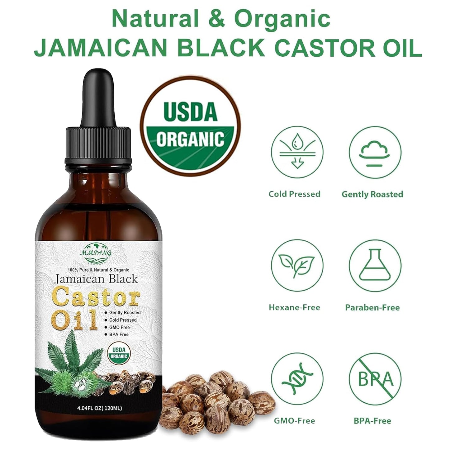 Jamaican Black Castor Oil - USDA Certified Organic Cold Pressed Hexane Free Unrefined, Natural Hair Oil For Treatment Scalp, Growth Hair Eyelashes Eyebrows (4oz/120ml Glass Bottle)