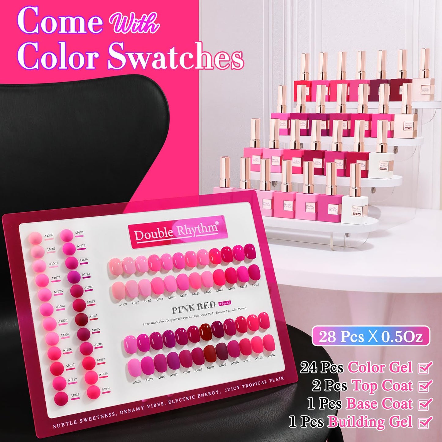 Double Rhythm 28Pcs 0.5Oz Gel Nail Polish Set Same Color Same Bottle Soak Off Gel Polish Kit Nail Art Manicure Salon DIY at Home for Women (Bright Pitaya Pink Purple Red Collection-T24-13)