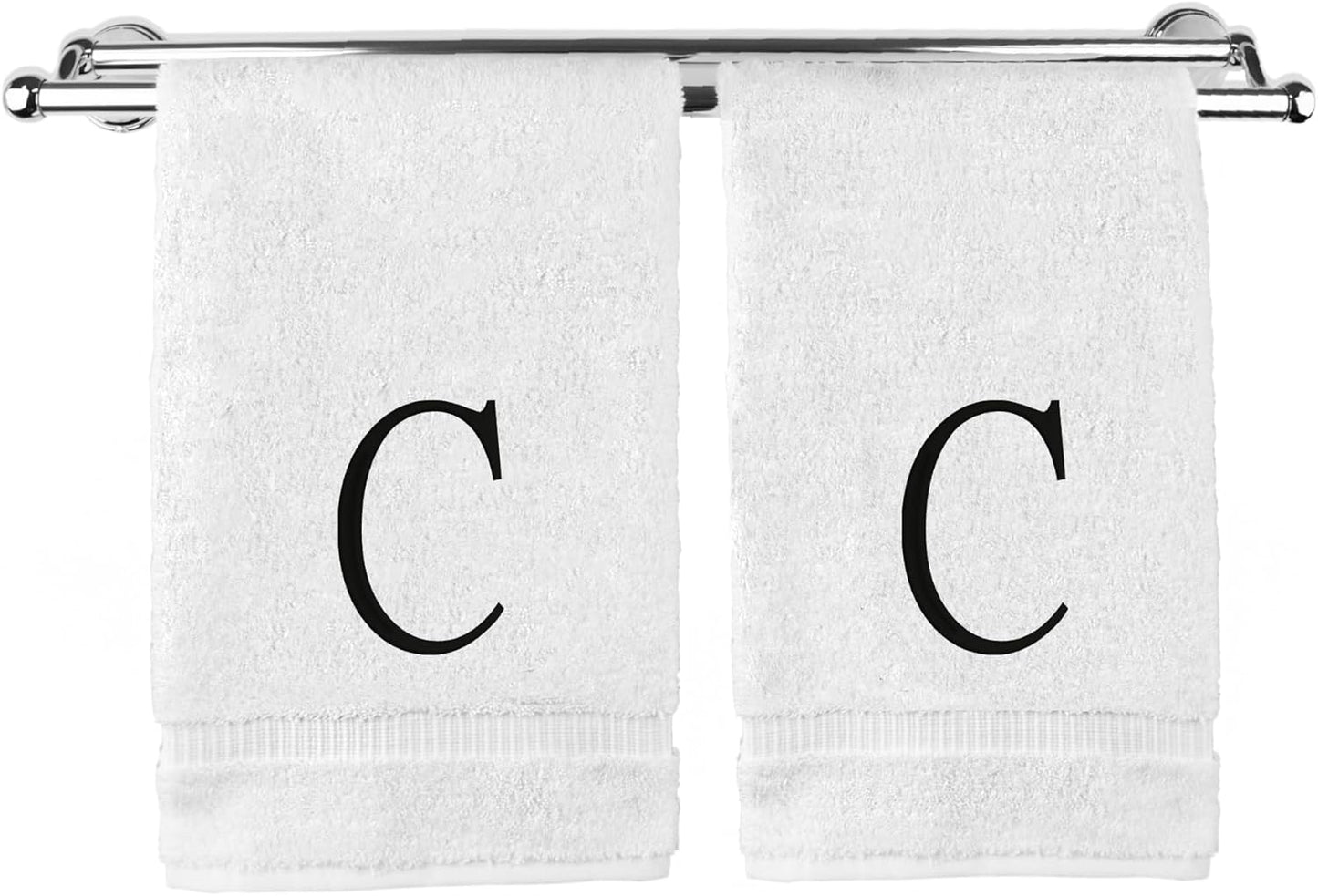 Monogrammed Hand Towel, Personalized Initial Gift, Extra Absorbent 100% Turkish Cotton - Soft Terry Finish - Set of 2 - Black Block Initial C - Embroidered on White Towels