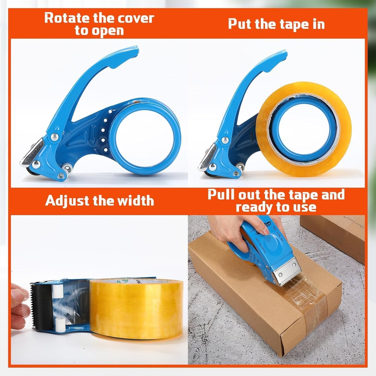 PROSUN 2 Pack Metal Packing Tape Dispenser Gun: 2-inch Wide Tape dispensers/3-Inch Inner Paper Core(2" Orange+2" White)