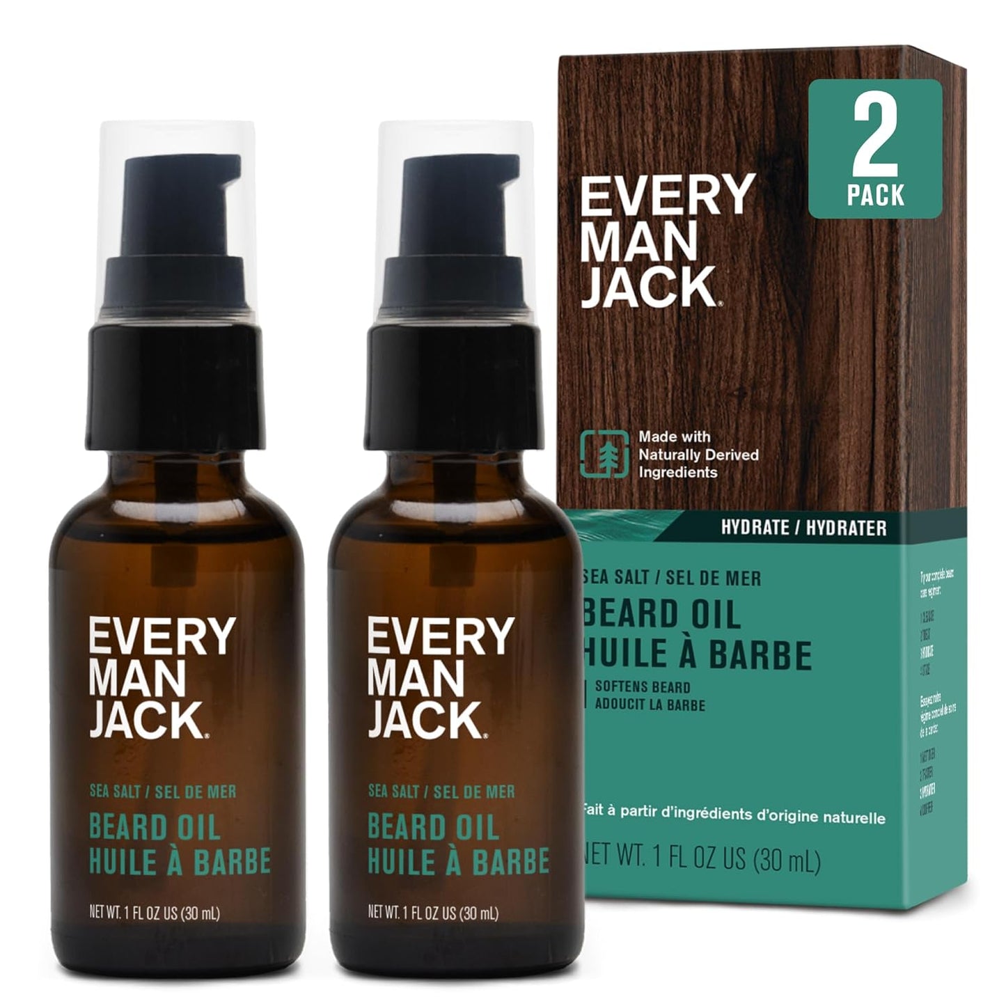 Every Man Jack Mens Beard Oil - Subtle Sea Salt Fragrance - Deeply Moisturizes and Softens Your Beard and Adds a Natural Shine - Naturally Derived with Shea Butter and Coconut Oil - 1 fl oz (2 Pack)
