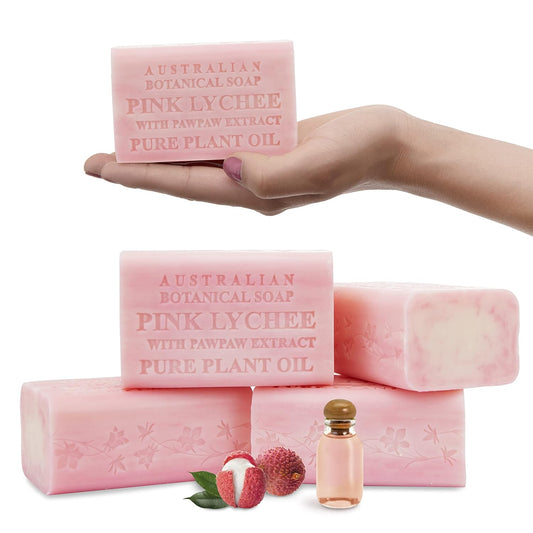 Australian Botanical Soap Pink Lychee with Pawpaw Extract 6.6 oz Luxury Soap Bars Enriched with Shea Butter, Sutiable for Men, Women and All Skin Types, Pack of 4