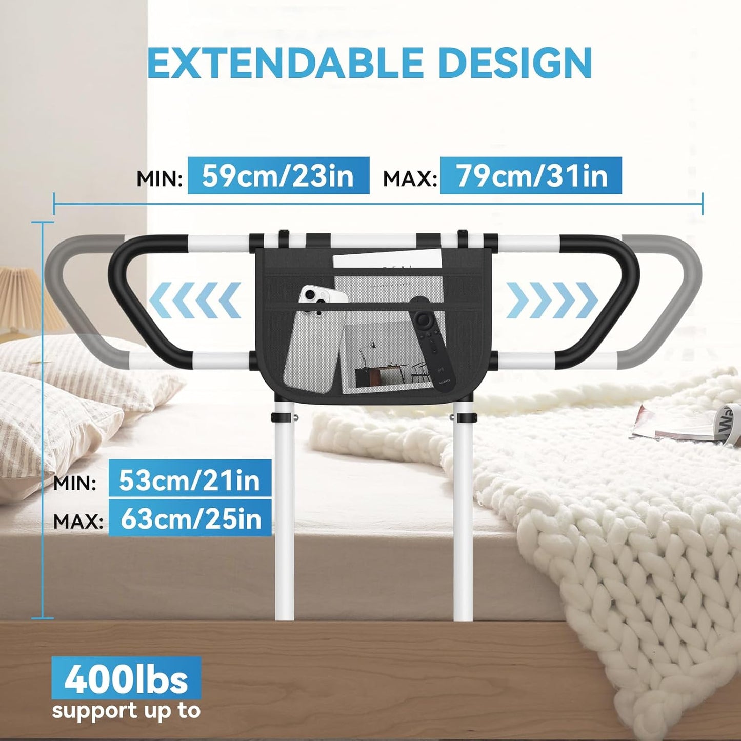 Bed Rails for Elderly Adults Safety, ASTM F3186-17 Certified 400lbs Capacity Adjustable Bed Assist Rail with Storage Bag, Non-Slip Handles - Fits Twin, Full, Queen, King Bed