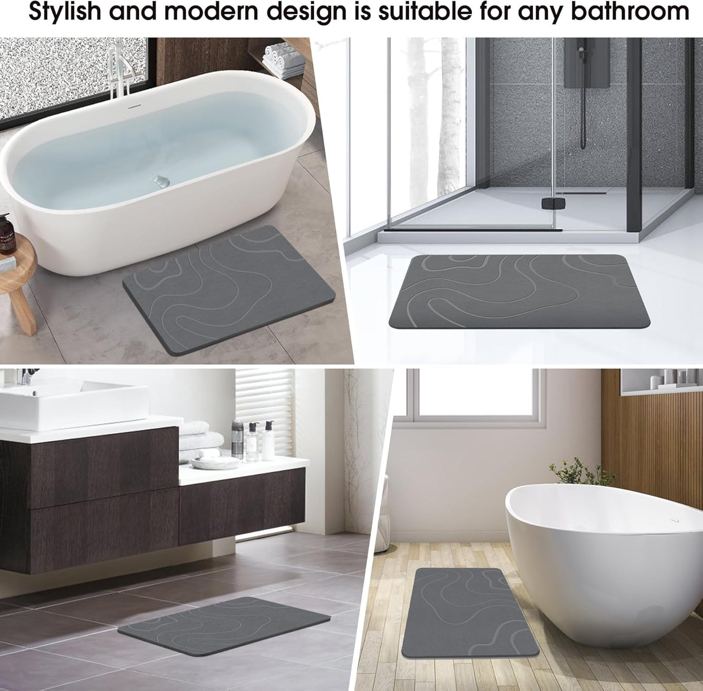 Stone Bath Mat Diatomaceous Earth Shower Mat Non-Slip Super Absorbent Diatomite Stone Mats for Bathroom Floor Quick-Drying Easy to Clean (24''*16'' Grey)