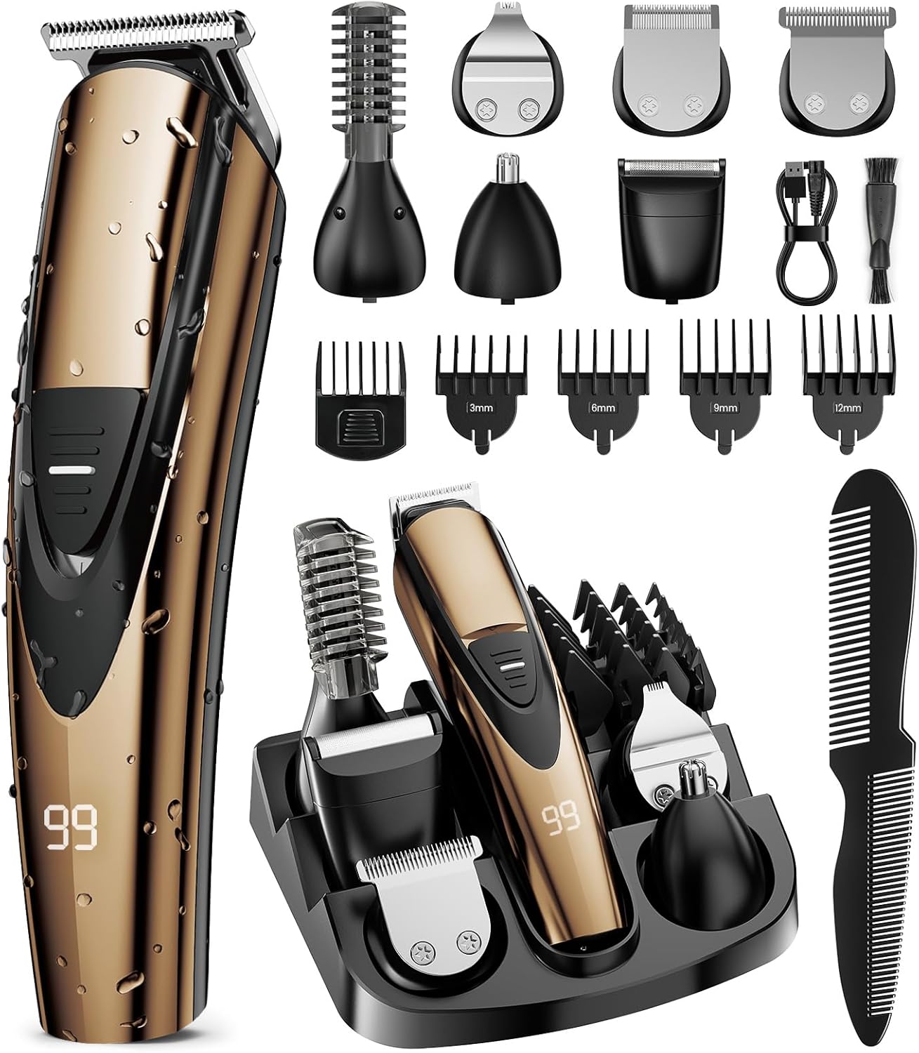 Electric Beard Trimmer for Men: 16-in-1 Professional Barber Hair Clippers - Cordless Grooming Kit - Turbo Speed & Precision Blades, Gold