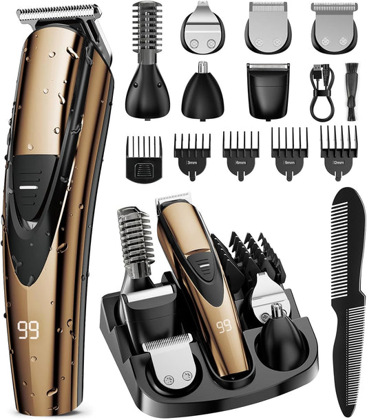 Electric Beard Trimmer for Men: 16-in-1 Professional Barber Hair Clippers - Cordless Grooming Kit - Turbo Speed & Precision Blades, Gold