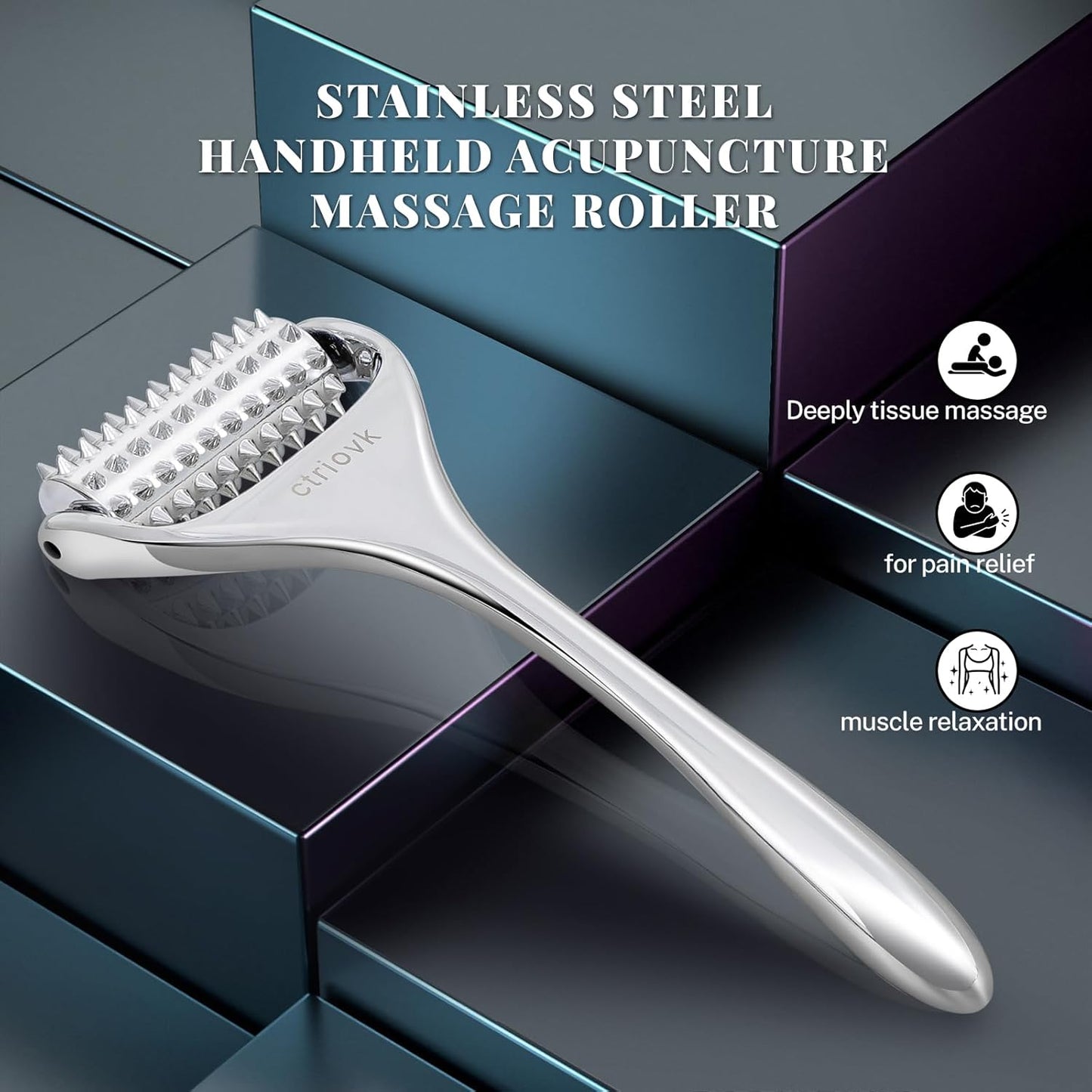 Acupuncture Massage Roller, Stainless Steel, Portable Manual Roller for Whole Body Pain Relief, Puffiness Reduce and Muscle Relaxation Massage, Silver